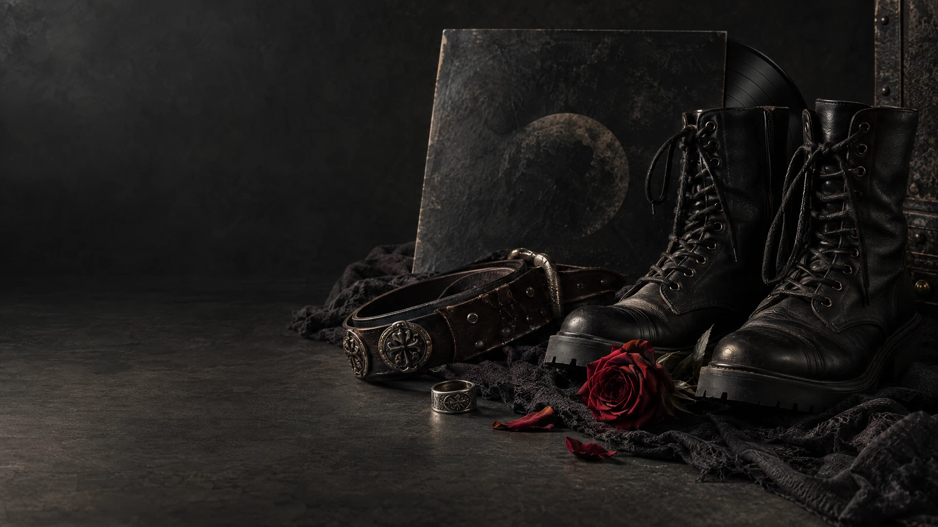 Lederboots, Schallplatte und alternative Accessoires